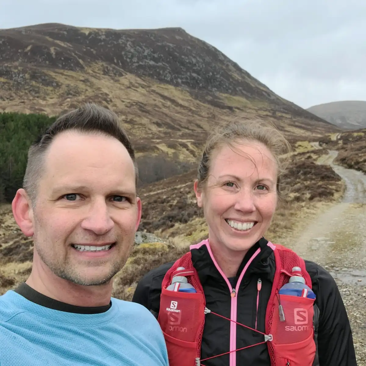 Andrew and Ashley Tepen running near Newtonmore in the Scottish Highlands